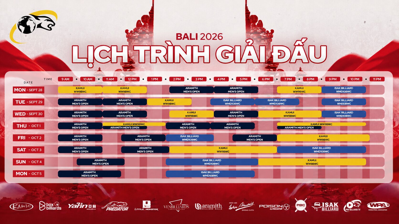 Lịch trình giải đấu bida bali 2026
