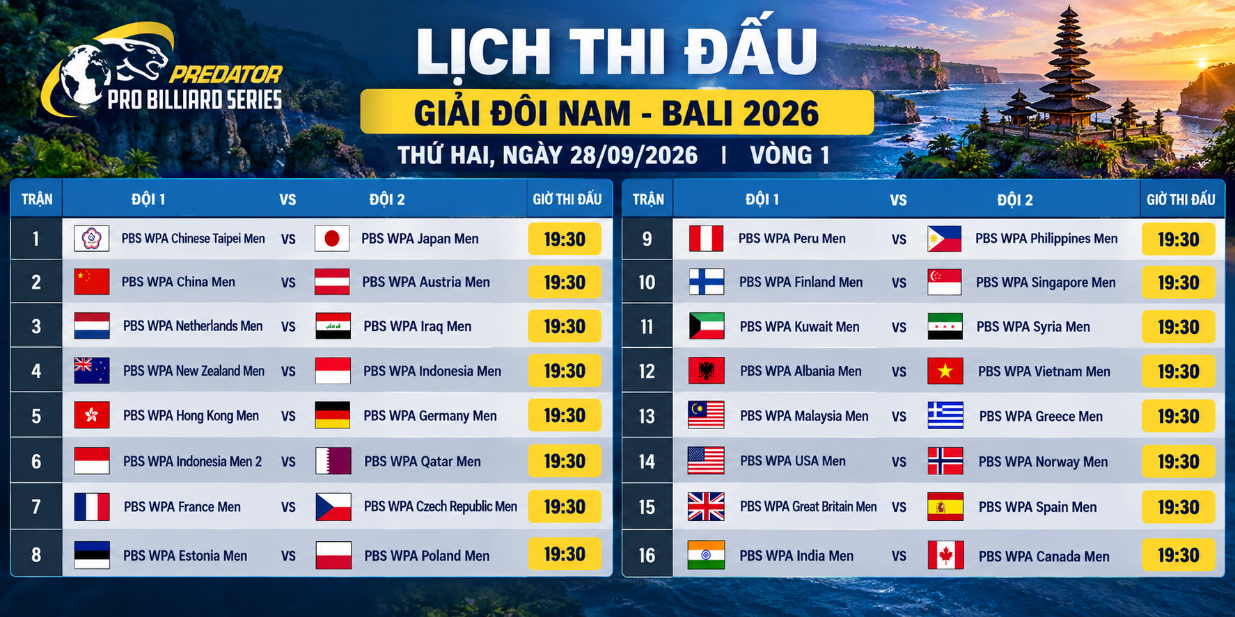 Lịch Giải đôi nam Vô địch Thế giới 10 Bi - ISAK Billiard WPA Men's Doubles 10-Ball World Championship 2026